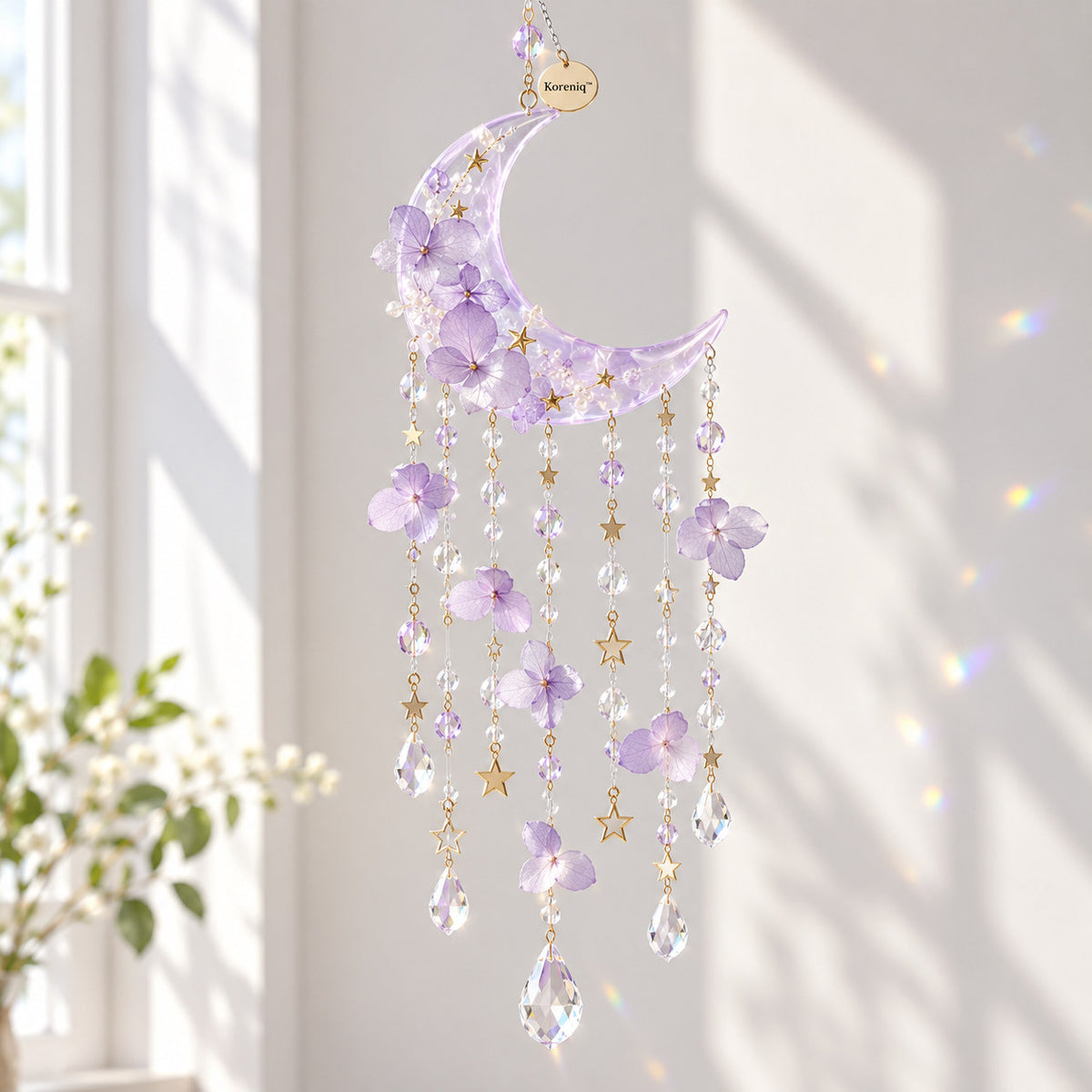 Koreniq™ Lavender Crescent Moon Floral Crystal Suncatcher image 1
