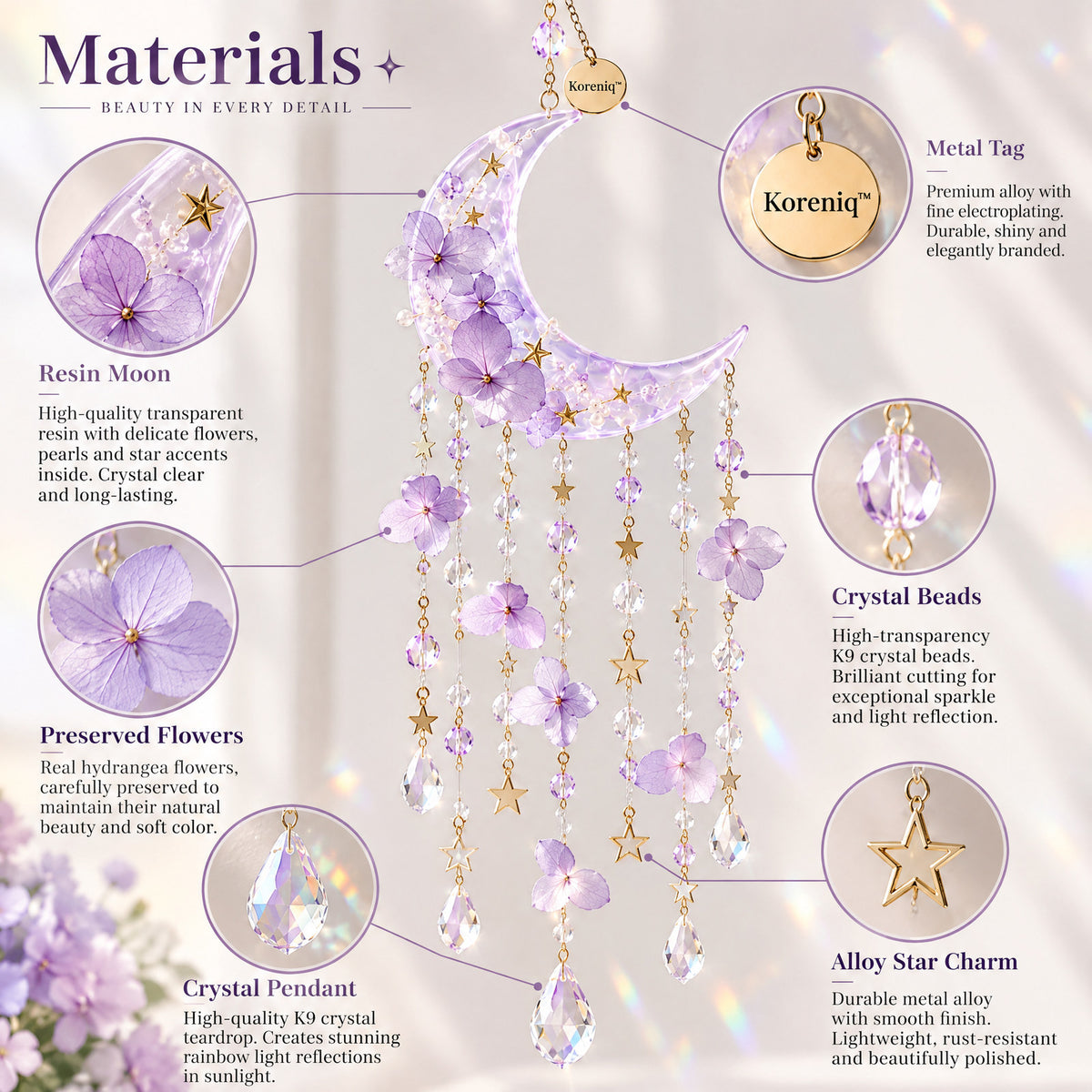 Koreniq™ Lavender Crescent Moon Floral Crystal Suncatcher image 3