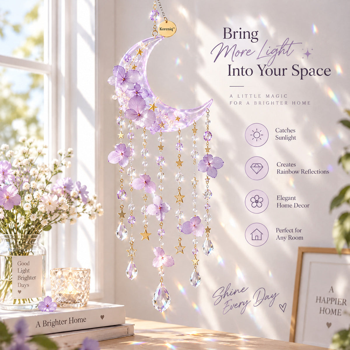 Koreniq™ Lavender Crescent Moon Floral Crystal Suncatcher image 5