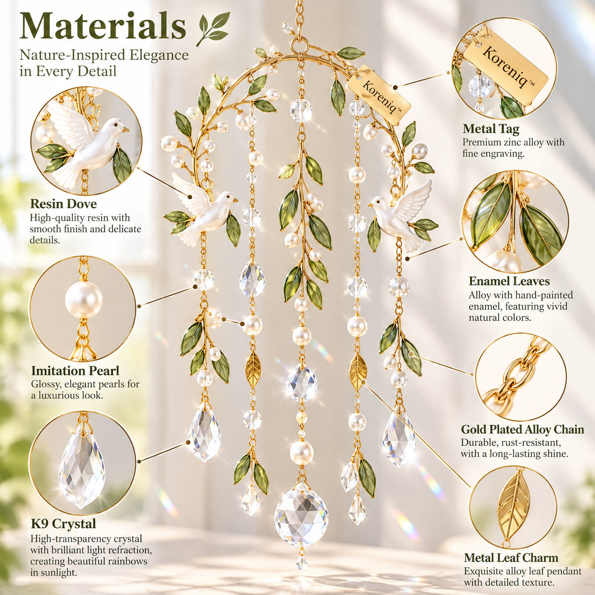 Koreniq™ Olive Leaf Dove Crystal Hanging Ornament image 3