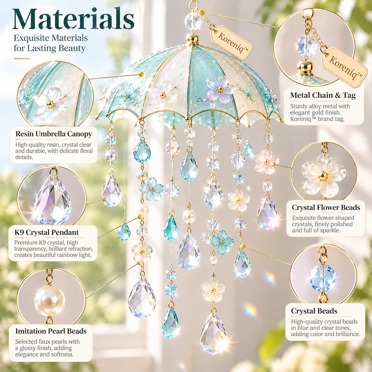Koreniq™ Aqua Blue Umbrella Crystal Hanging Suncatcher image 3